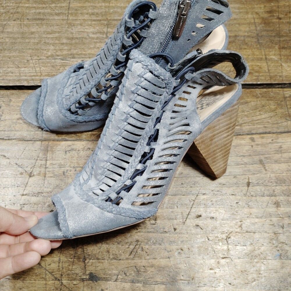 Vince Camuto Sandals 10 M Eshantel Blue Shimmer Leather Shootie Gladiator Heel